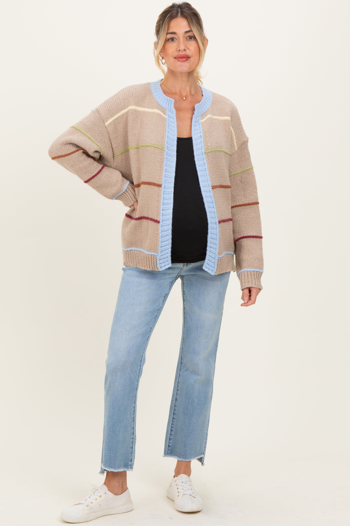 Beige Multicolor Stripe Chunky Knit Maternity Cardigan