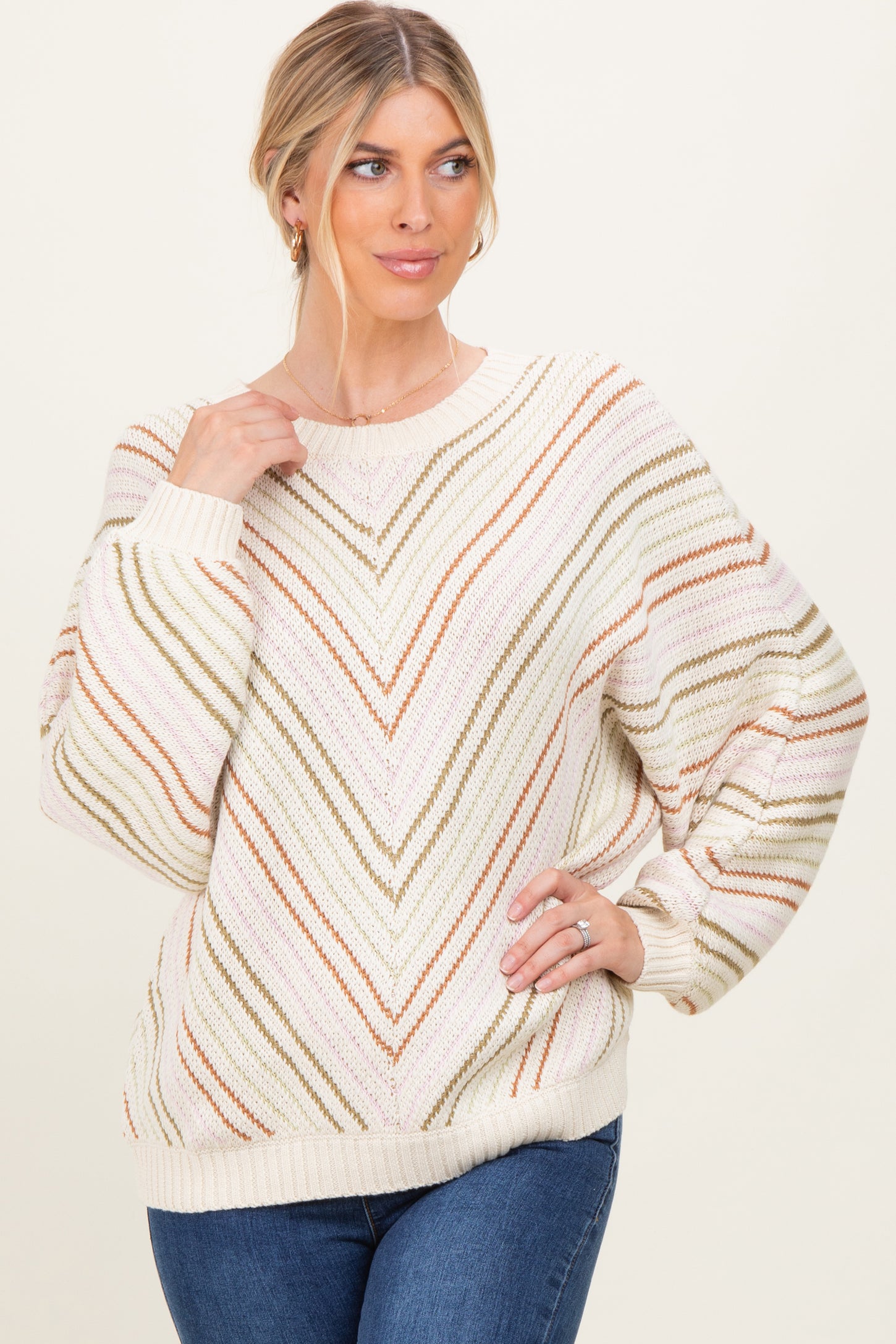 Beige Multi Crew Neck Striped Long Sleeve Maternity Sweater