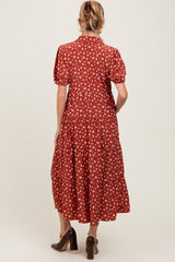 Rust Printed Button Up Tiered Maternity Midi Dress