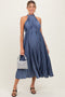 Navy Blue Pleated Maternity Halter Dress