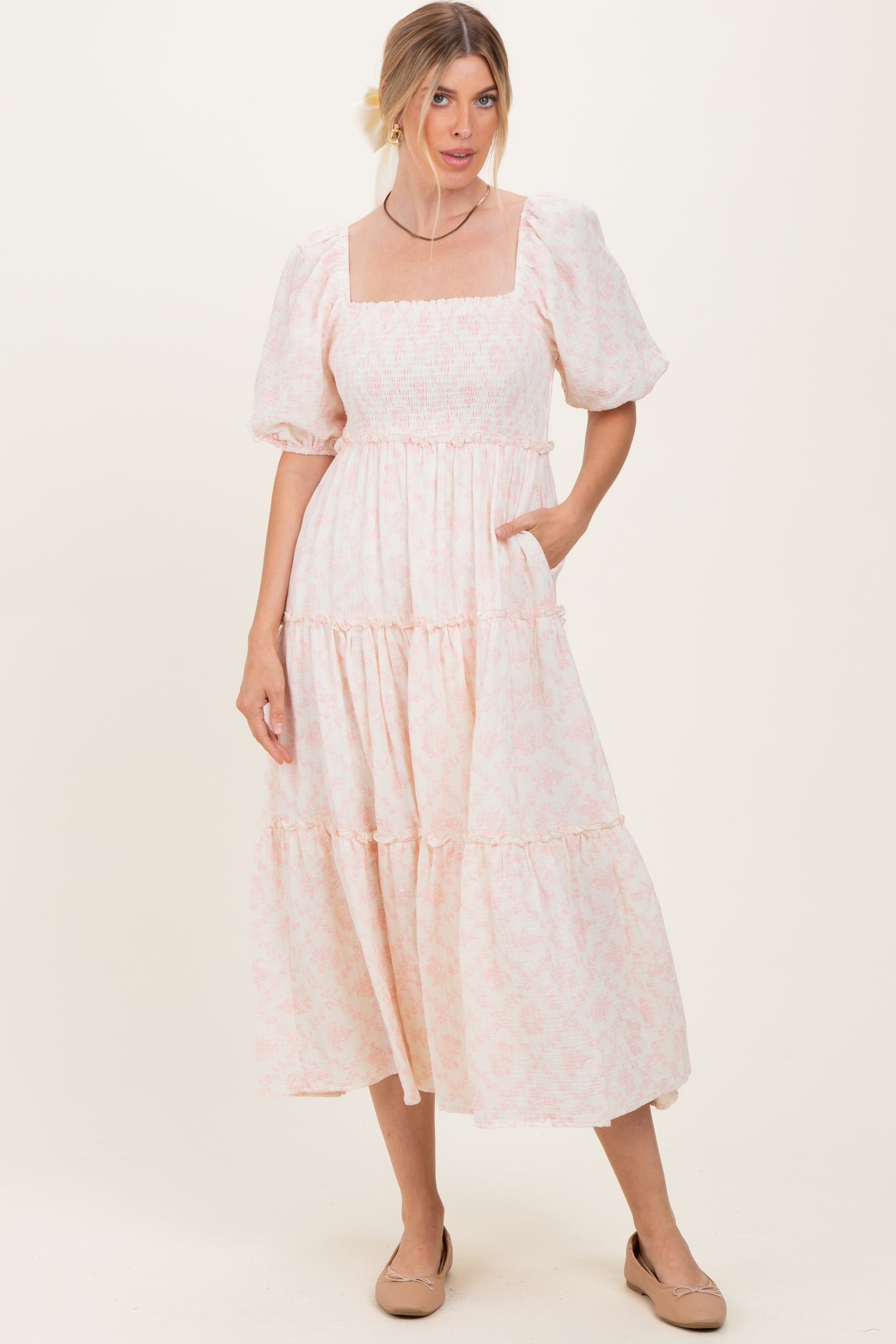 Pink Floral Smocked Ruffle Tiered Maternity Maxi Dress