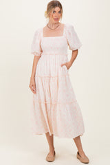 Pink Floral Smocked Ruffle Tiered Maternity Maxi Dress