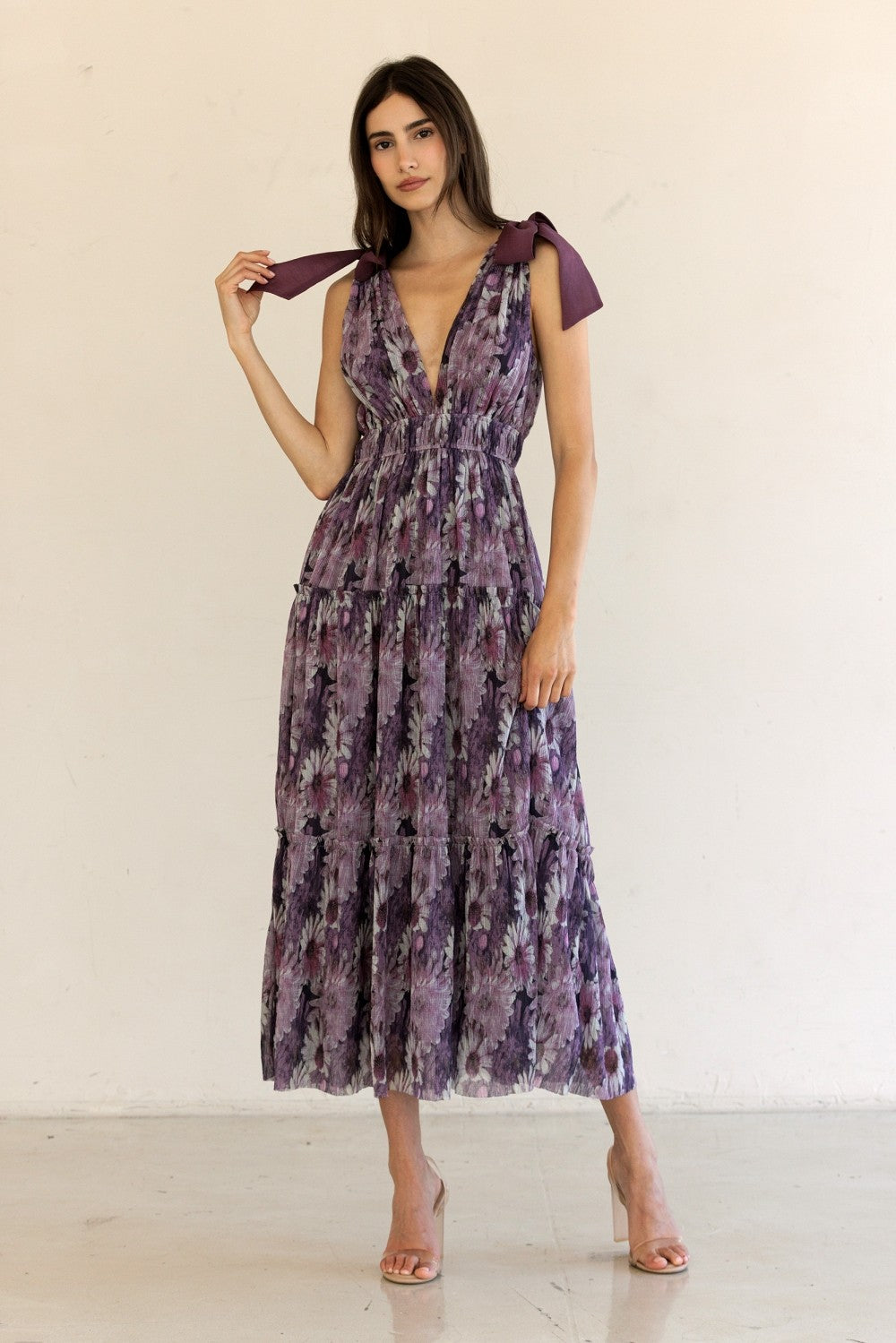 Purple Floral Mesh Deep V-Neck Shoulder Tie Maxi Dress