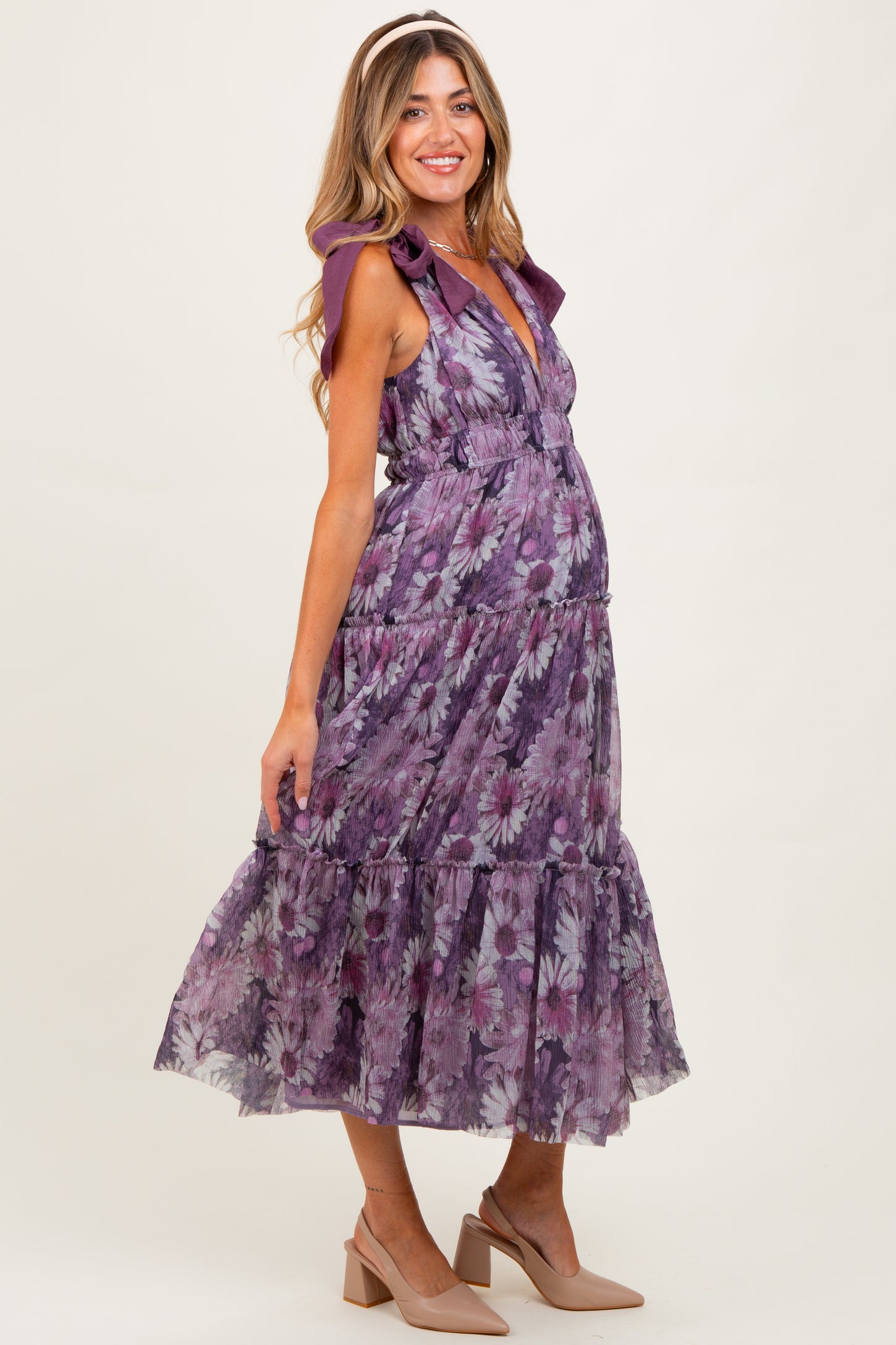 Purple Floral Mesh Deep V-Neck Shoulder Tie Maternity Maxi Dress