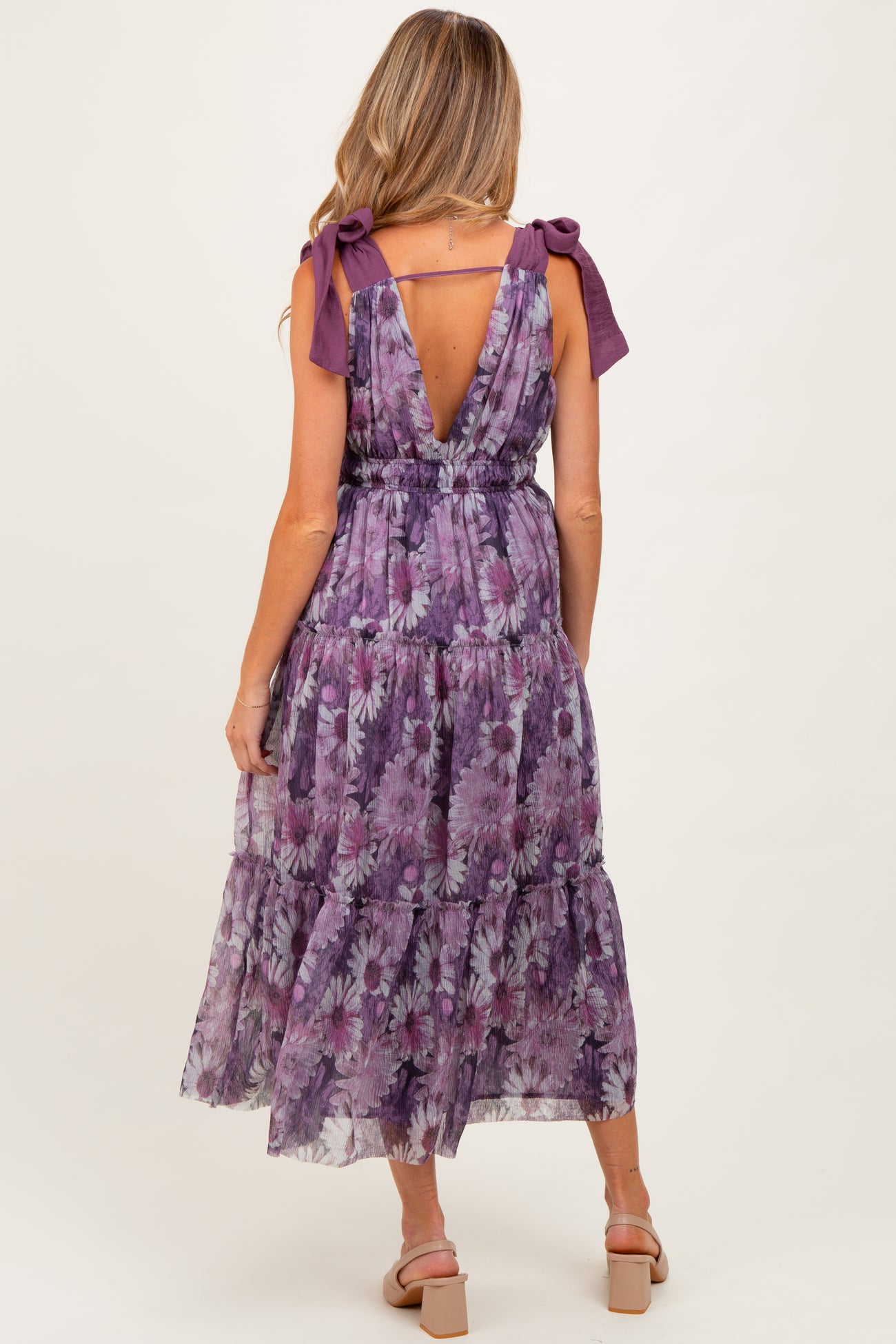 Purple Floral Mesh Deep V-Neck Shoulder Tie Maternity Maxi Dress
