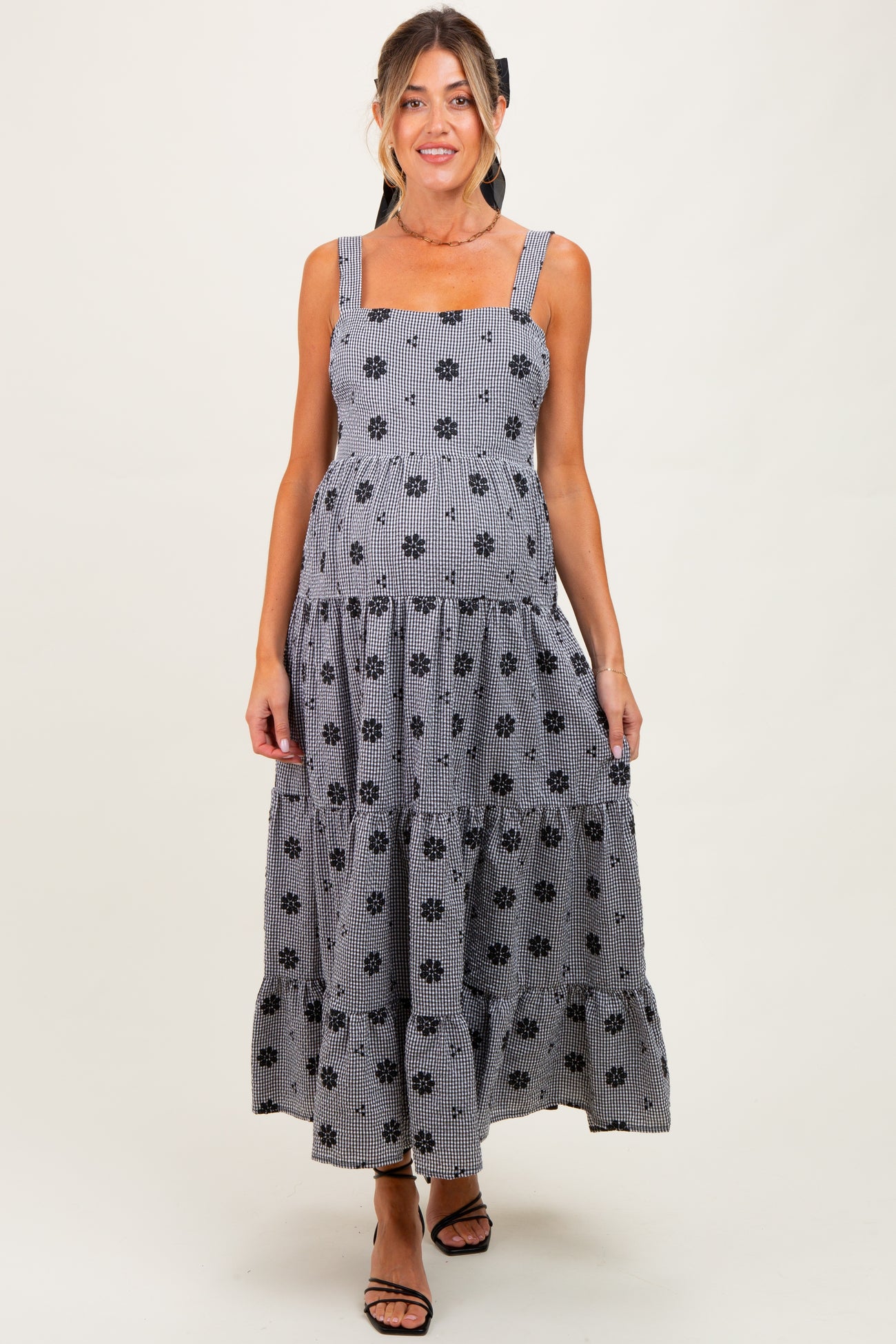 Black Gingham Floral Embroidered Maternity Maxi Dress