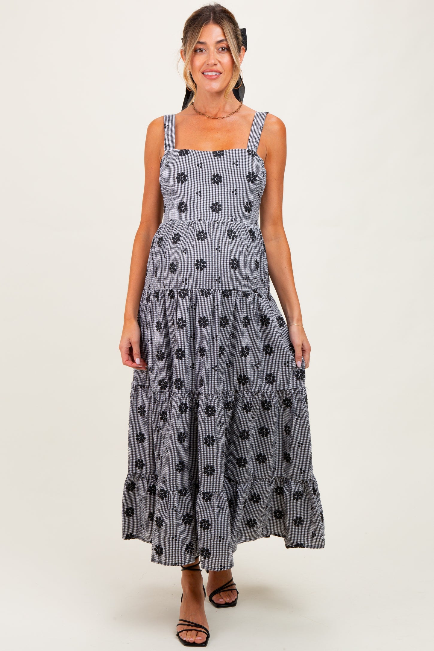 Black Gingham Floral Embroidered Maternity Maxi Dress