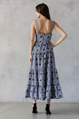 Black Gingham Floral Embroidered Maxi Dress