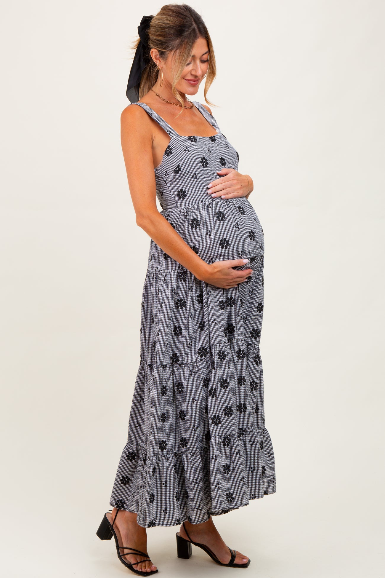Black Gingham Floral Embroidered Maternity Maxi Dress