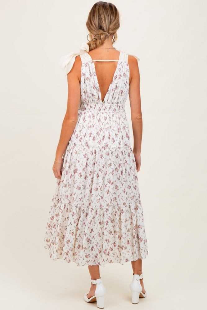 Ivory Floral Deep V-Neck Shoulder Tie Maternity Midi Dress