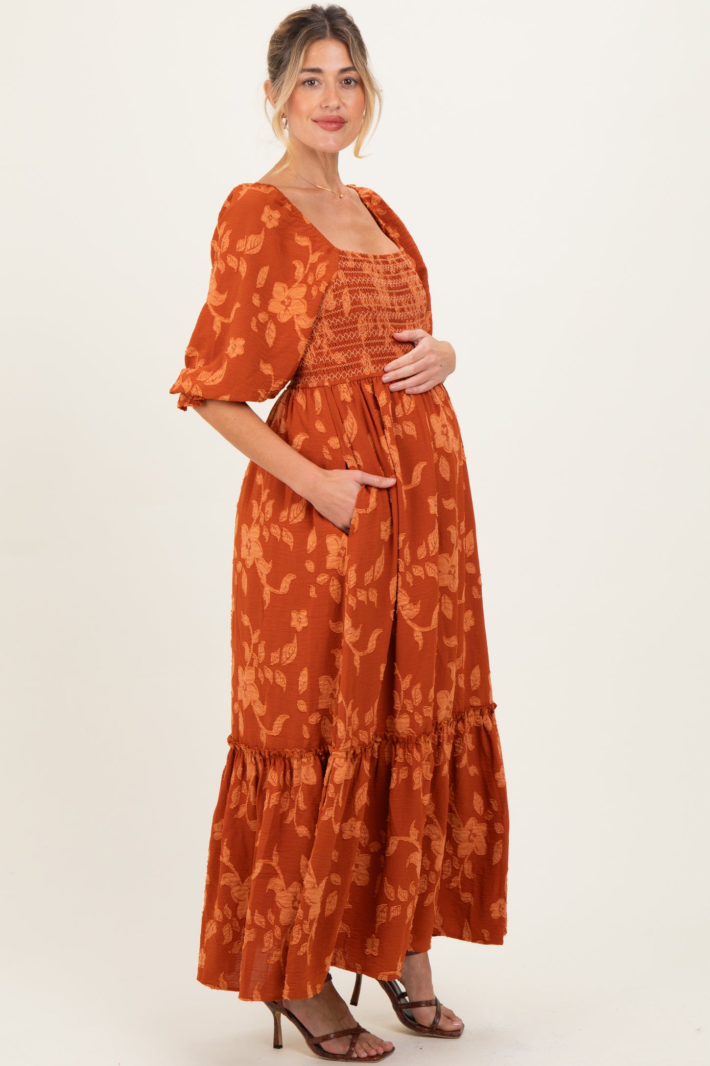 Rust Floral Print Smocked Bodice Maternity Maxi Dress