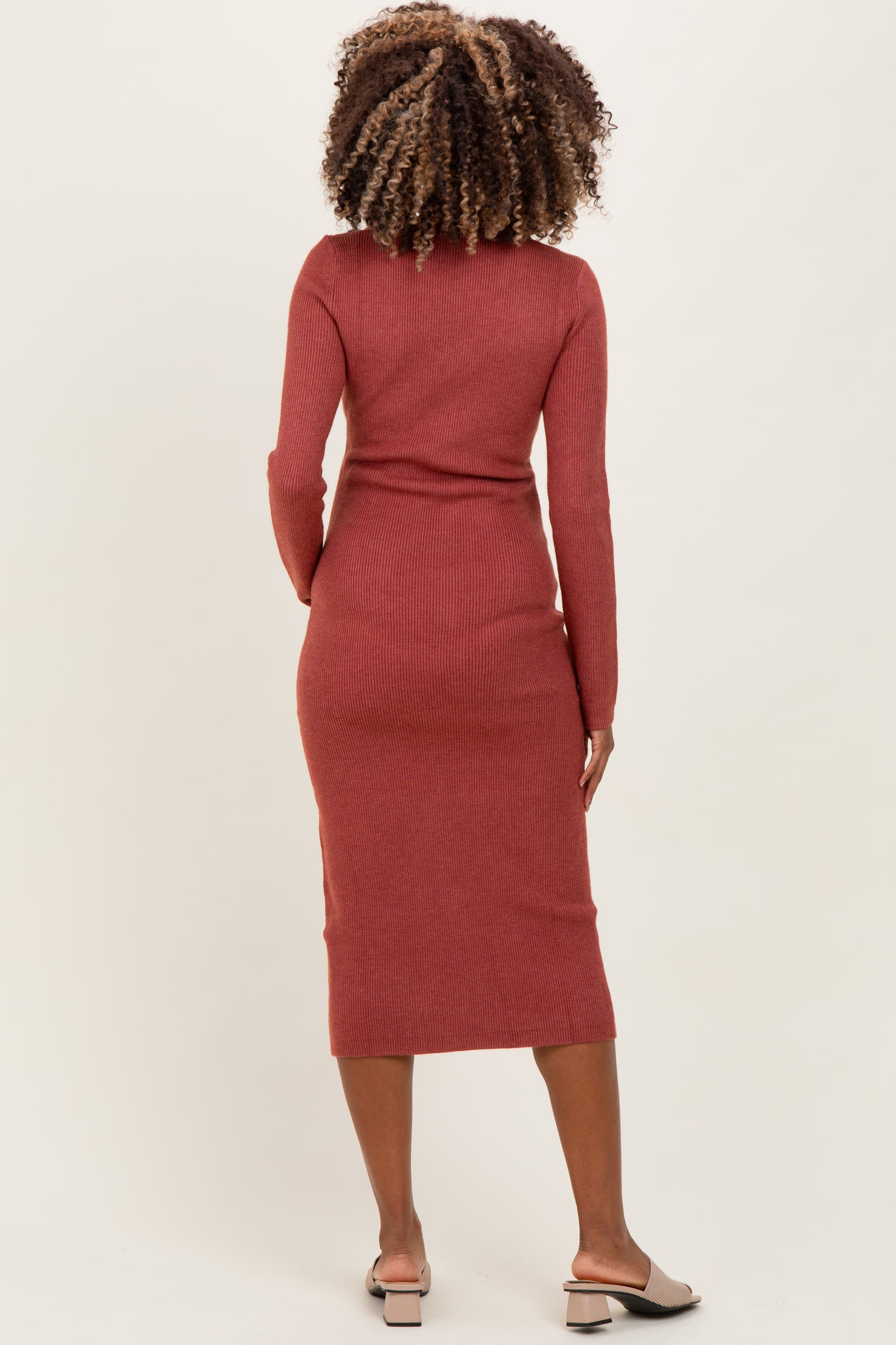 Rust Ribbed Knit Button Down Long Sleeve Maternity Midi Dress