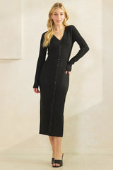 woman wearing a black long sleeve ribbed midi dress with a button-down front and a v-neckline