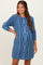 woman wearing a blue cable knit maternity sweater dress and showing her baby bump