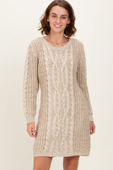 Beige Two Tone Cable Knit Maternity Mini Sweater Dress