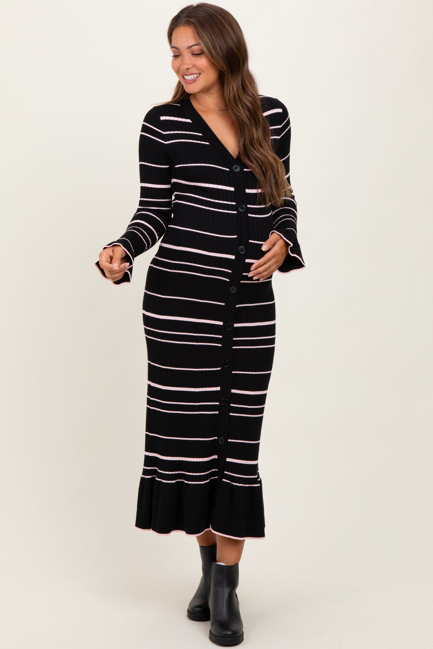 Black Striped Knit Ruffle Hem Button Down Maternity Midi Dress