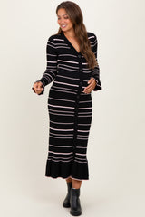 Black Striped Knit Ruffle Hem Button Down Maternity Midi Dress