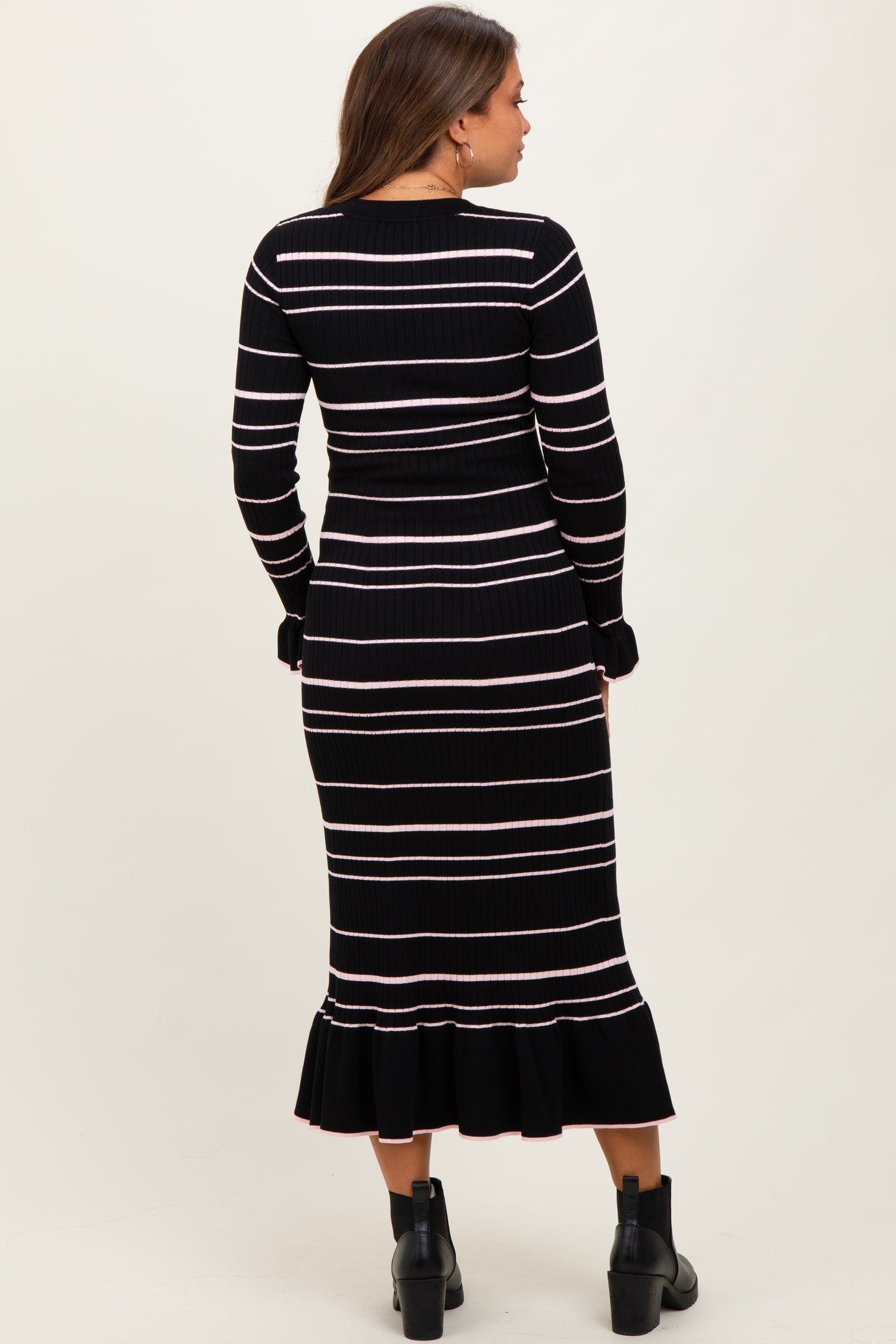 Black Striped Knit Ruffle Hem Button Down Maternity Midi Dress