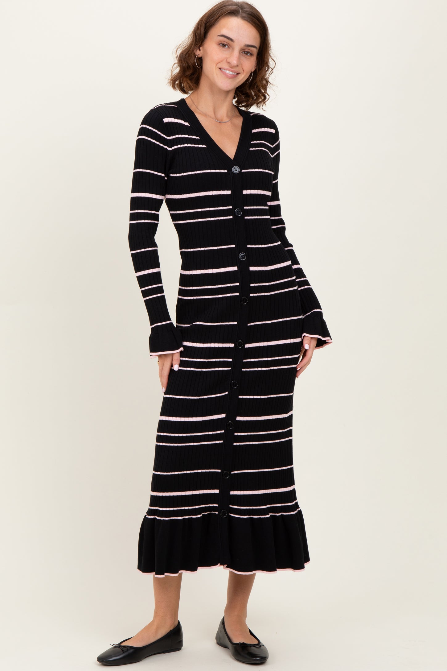 Black Striped Knit Ruffle Hem Button Down Midi Dress