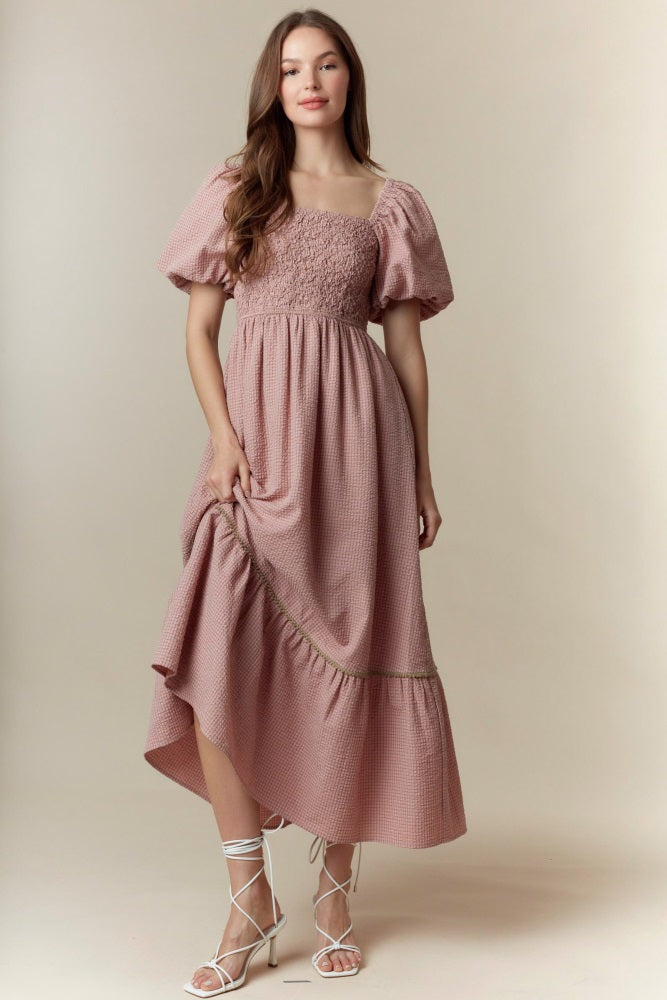 Mauve Plaid Smocked Puff Sleeve Maternity Maxi Dress