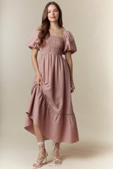 Mauve Plaid Smocked Puff Sleeve Maternity Maxi Dress