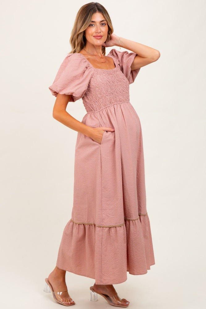 Mauve Plaid Smocked Puff Sleeve Maternity Maxi Dress