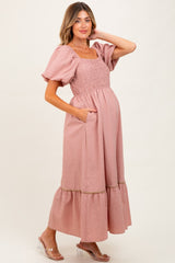 Mauve Plaid Smocked Puff Sleeve Maternity Maxi Dress