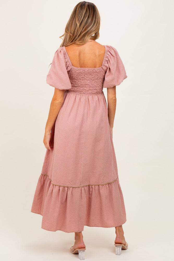 Mauve Plaid Smocked Puff Sleeve Maternity Maxi Dress