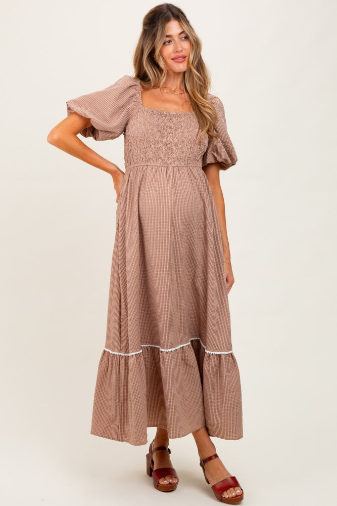 Mocha Plaid Smocked Puff Sleeve Maternity Maxi Dress