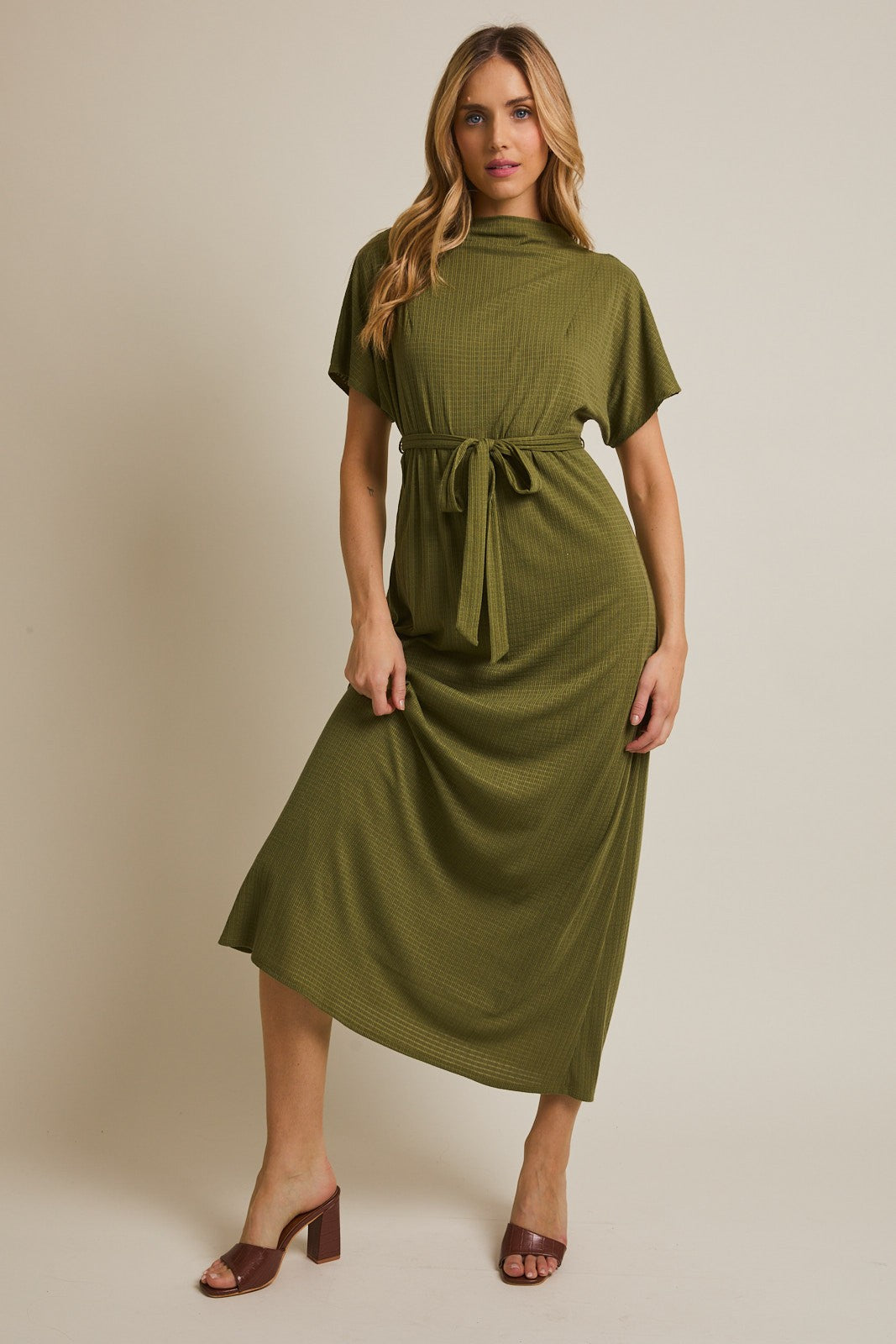 Olive Plaid Draped Neckline Sash Tie Maternity Maxi Dress