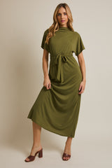 Olive Plaid Draped Neckline Sash Tie Maternity Maxi Dress