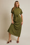 Olive Plaid Draped Neckline Sash Tie Maxi Dress