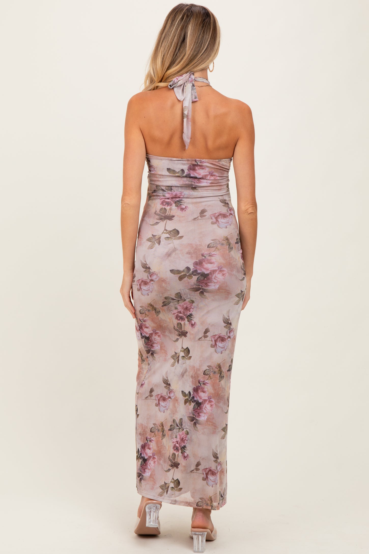 Mauve Floral Halter Cutout Maternity Maxi Dress