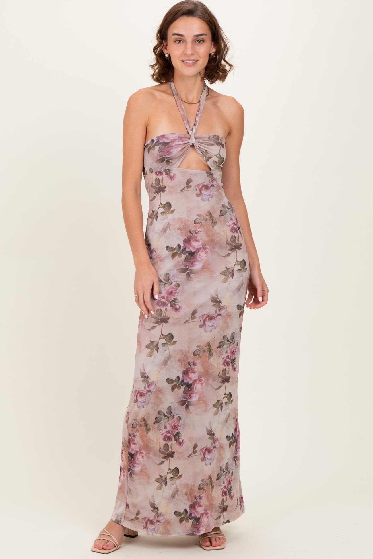 Mauve Floral Halter Cutout Maternity Maxi Dress