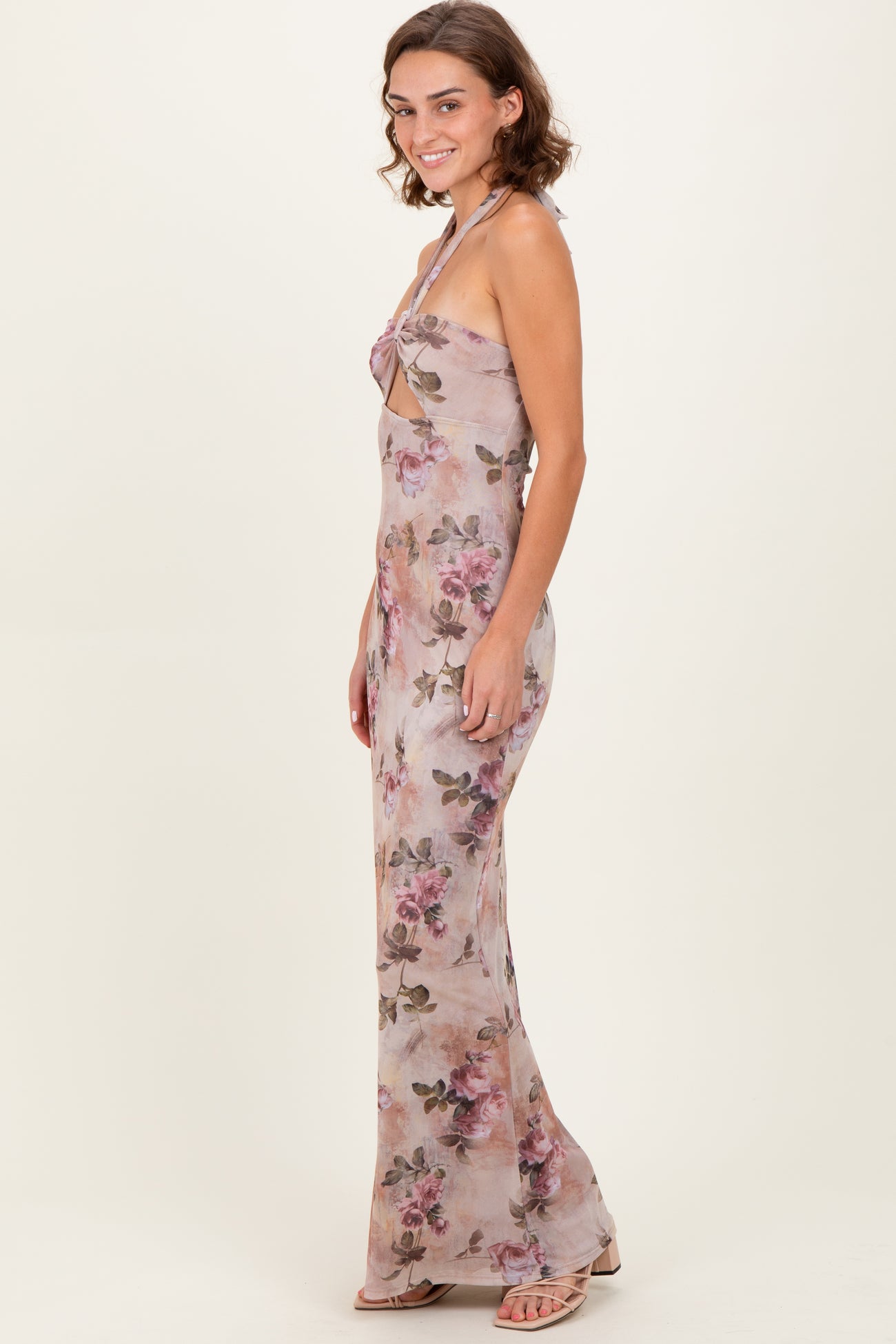 Mauve Floral Halter Cutout Maxi Dress