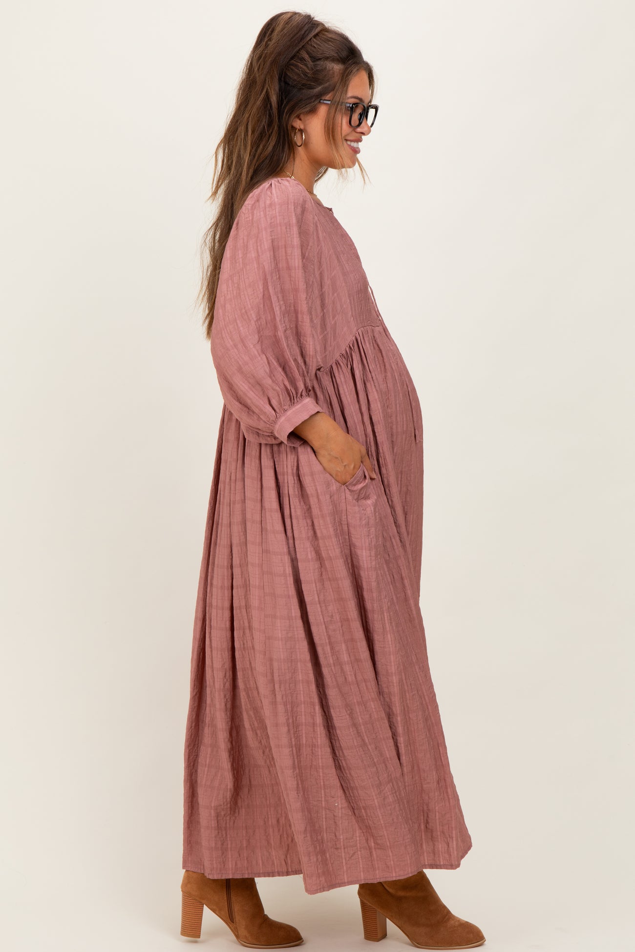 Mauve Plaid Front Tie Cutout Maternity Midi Dress