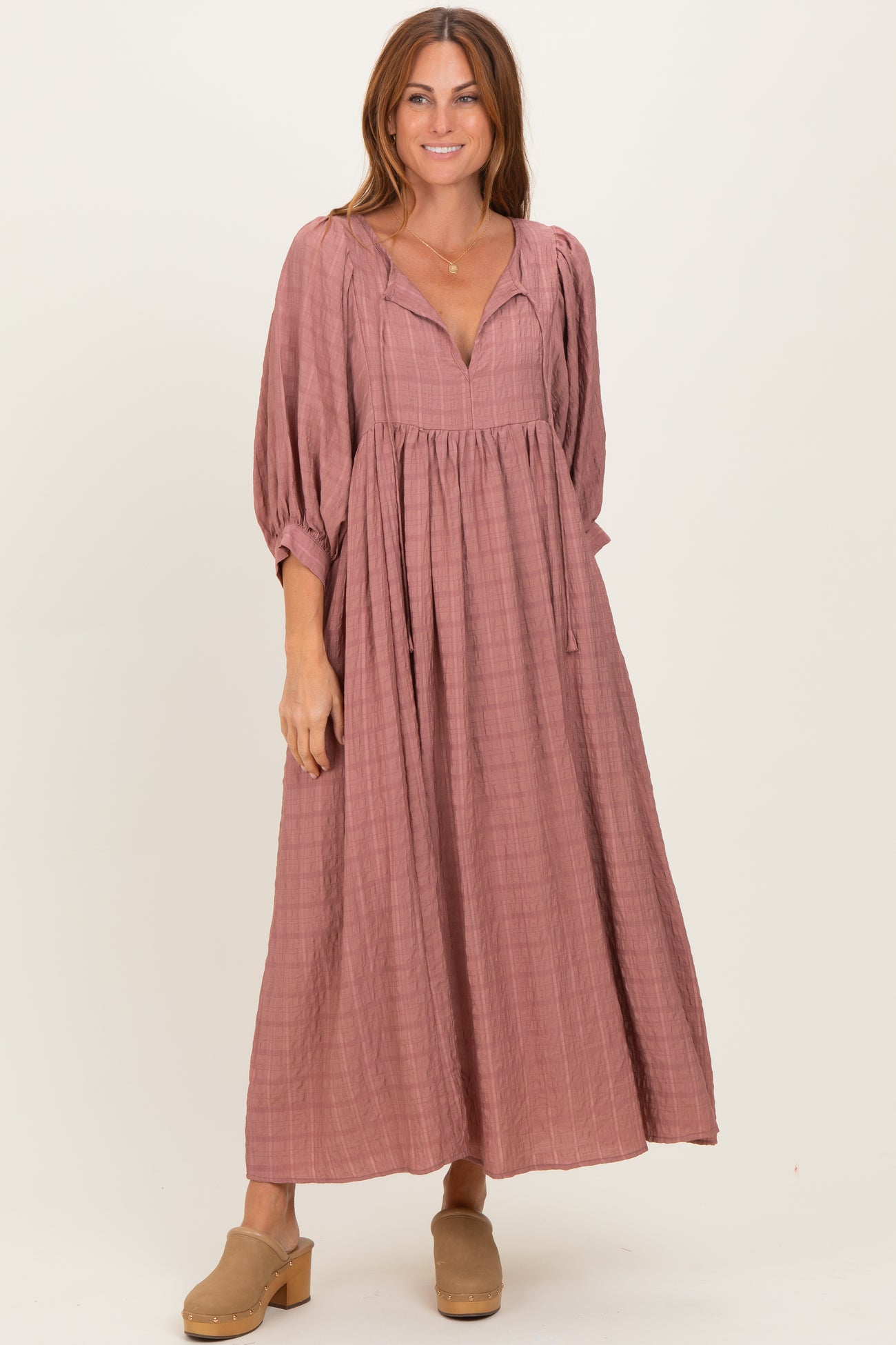 Mauve Plaid Front Tie Cutout Midi Dress