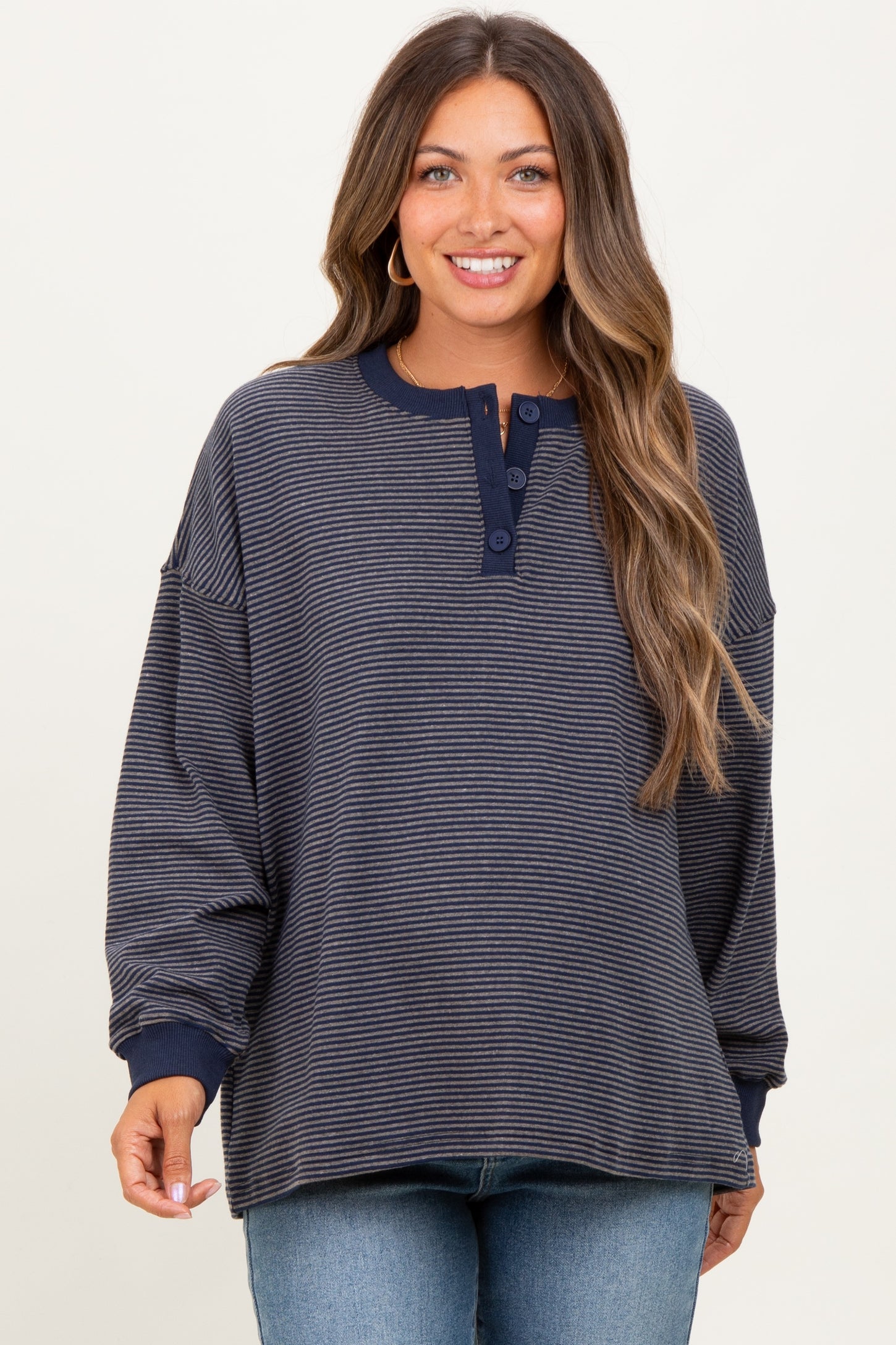 Navy Striped Oversized Button Up Maternity Pullover Top