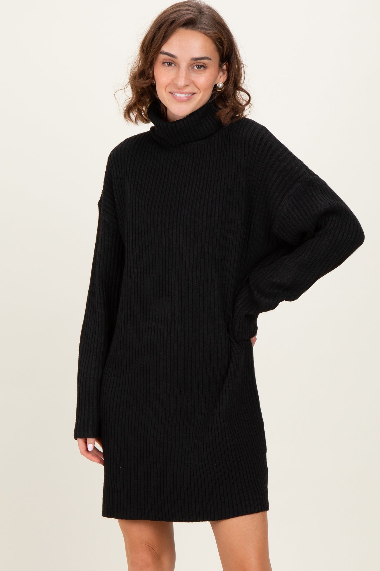 Black Turtleneck Chunky Knit Maternity Sweater Dress