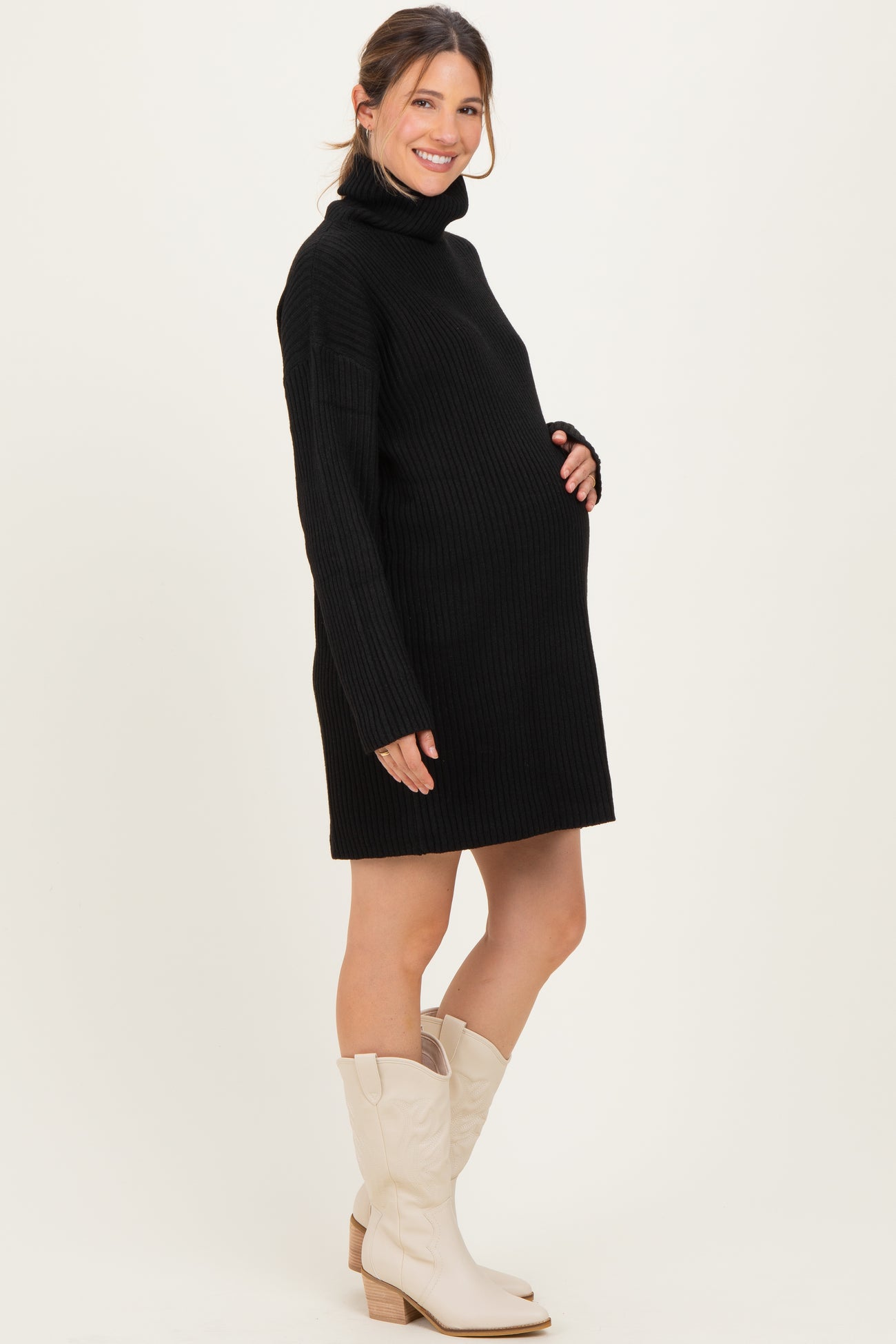 Black Turtleneck Chunky Knit Maternity Sweater Dress