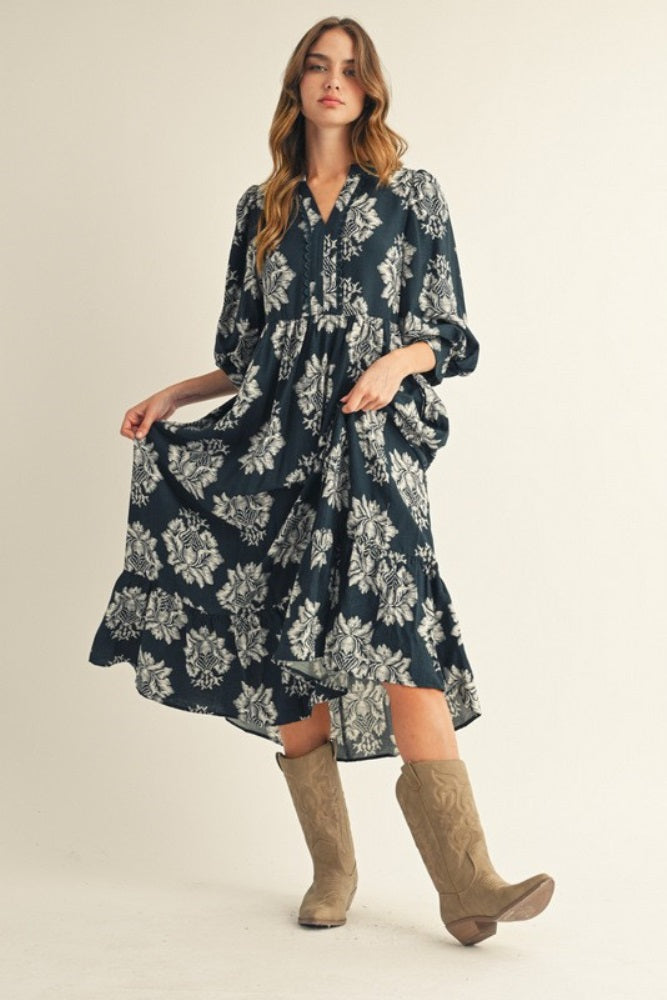 Forest Green Floral V-Neck 3/4 Sleeve Midi Dress