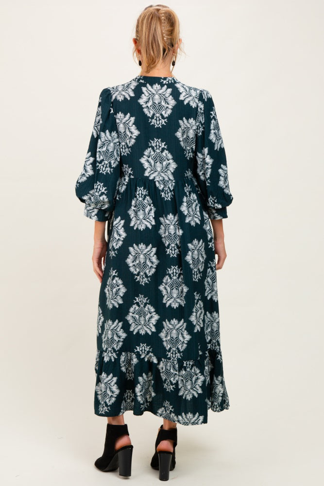 Forest Green Floral V-Neck 3/4 Sleeve Maternity Midi Dress