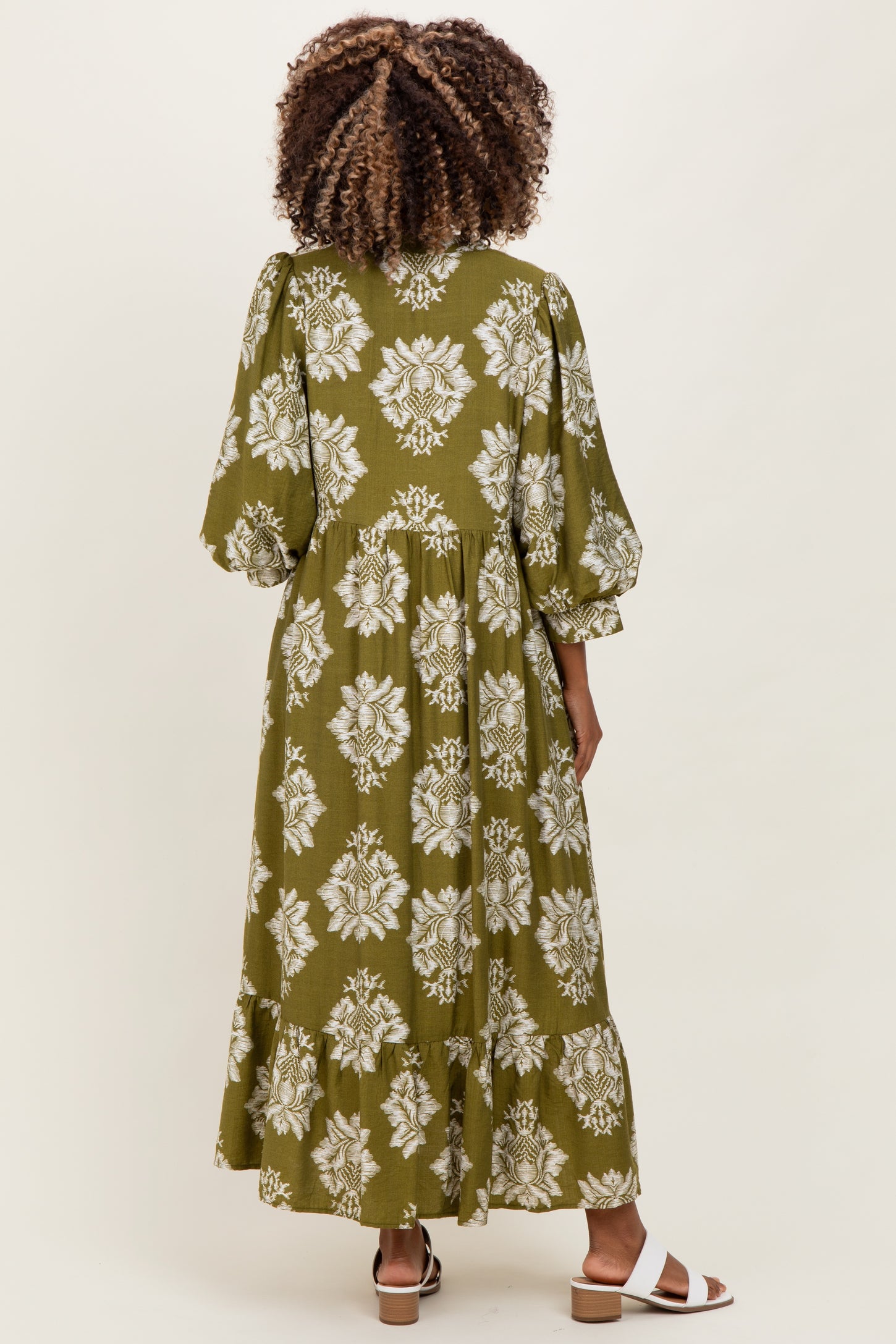 Olive Floral V-Neck 3/4 Sleeve Maternity Midi Dress