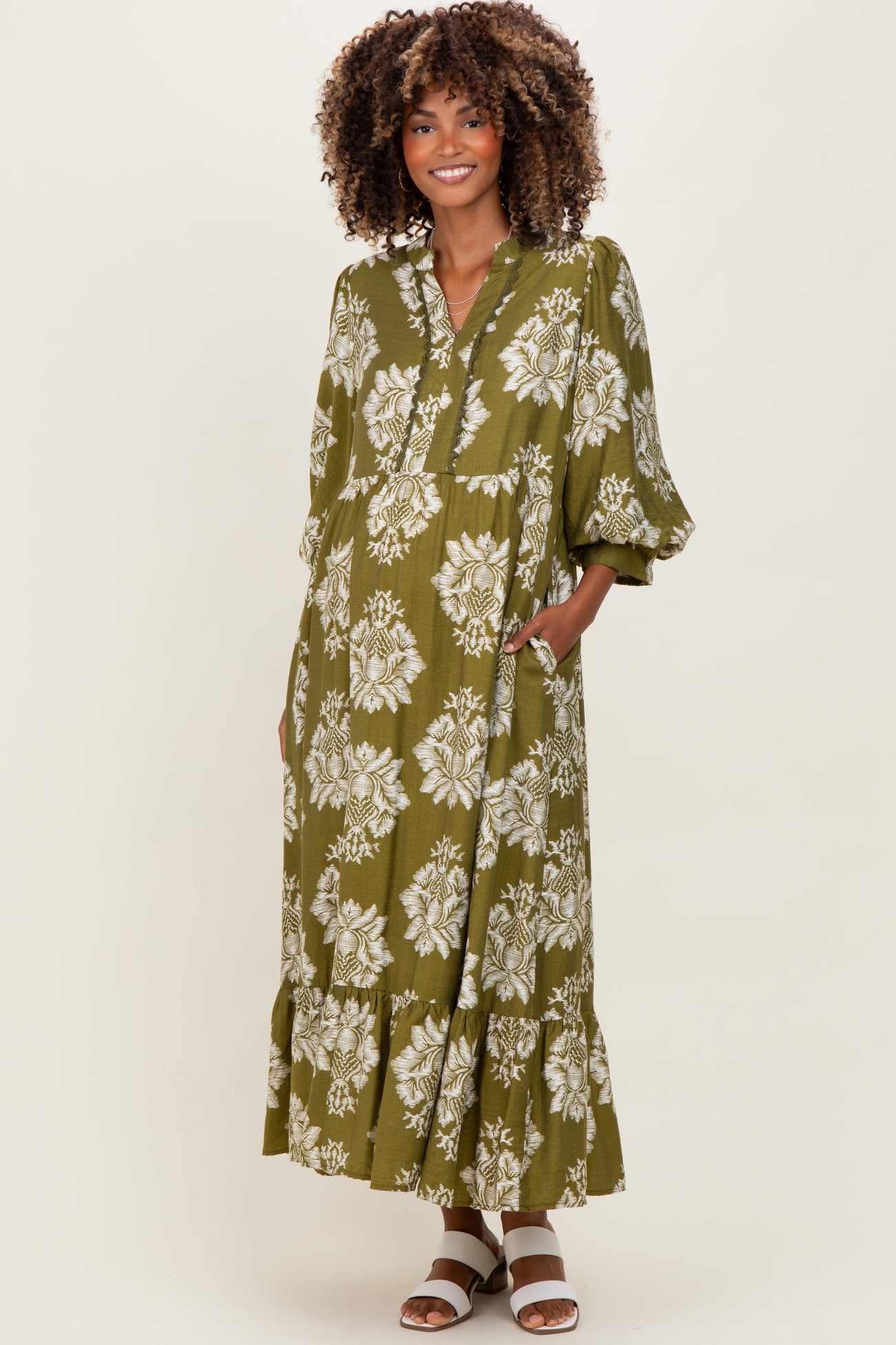 Olive Floral V-Neck 3/4 Sleeve Maternity Midi Dress