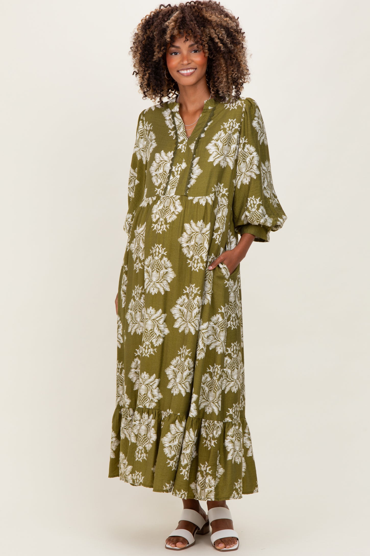 Olive Floral V-Neck 3/4 Sleeve Maternity Midi Dress