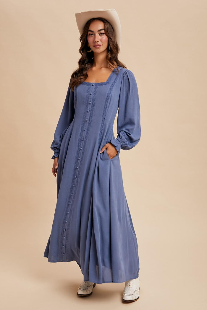 Blue Lace Detail Button Down Maternity Maxi Dress