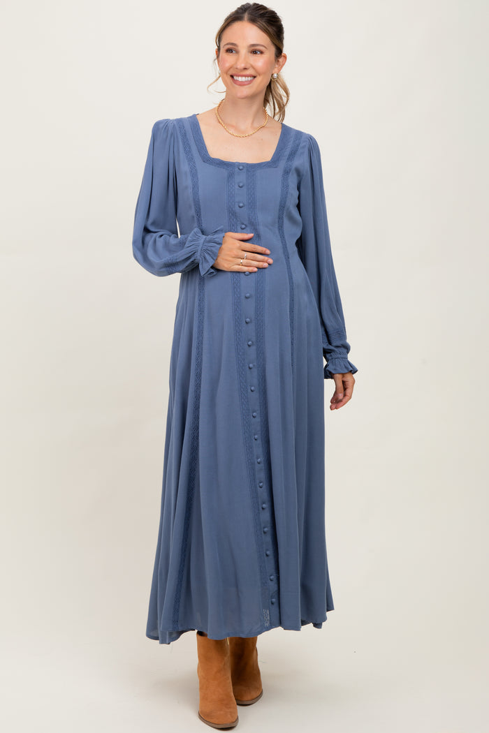 Blue Lace Detail Button Down Maternity Maxi Dress