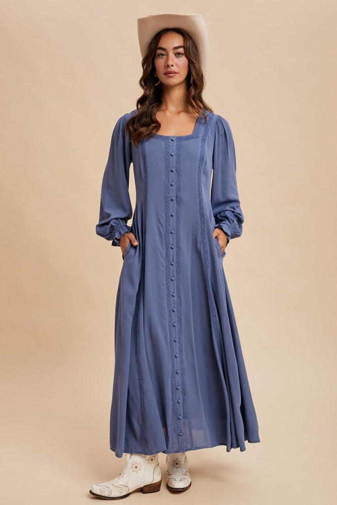 Blue Lace Detail Button Down Maxi Dress