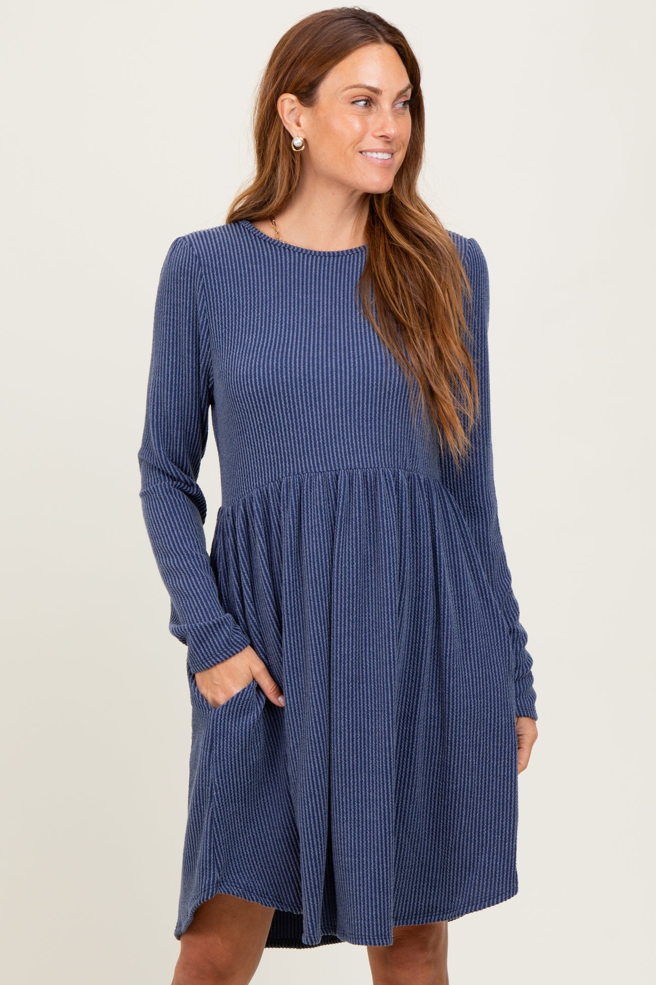Navy Textured Rib Long Sleeve Maternity Dress