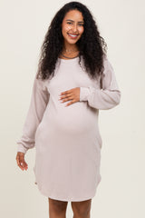 Beige Rib Knit Long Sleeve Maternity Dress